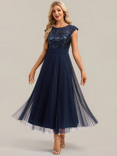 Tea L?nge Rundhals A Linie Pailletten Kleid Mit Sonnenstrahlen Falten Und Durchsichtigen Details Kleid #Farbe_Marineblau