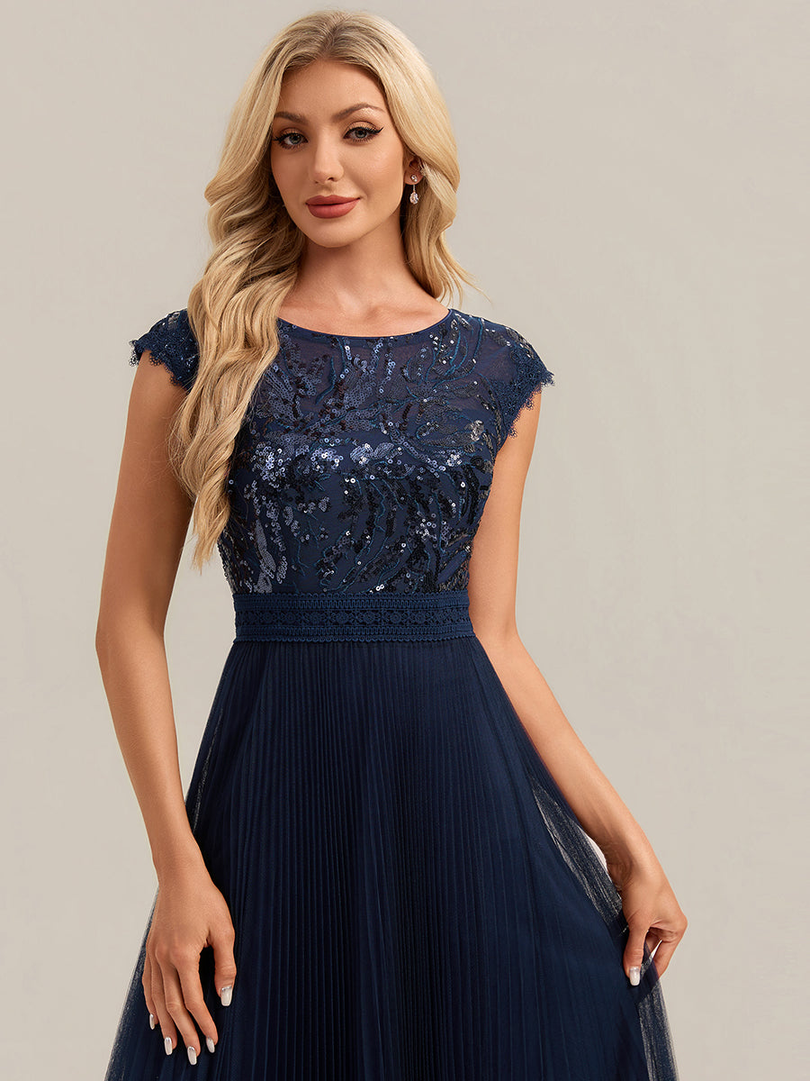 Tea L?nge Rundhals A Linie Pailletten Kleid Mit Sonnenstrahlen Falten Und Durchsichtigen Details Kleid #Farbe_Marineblau