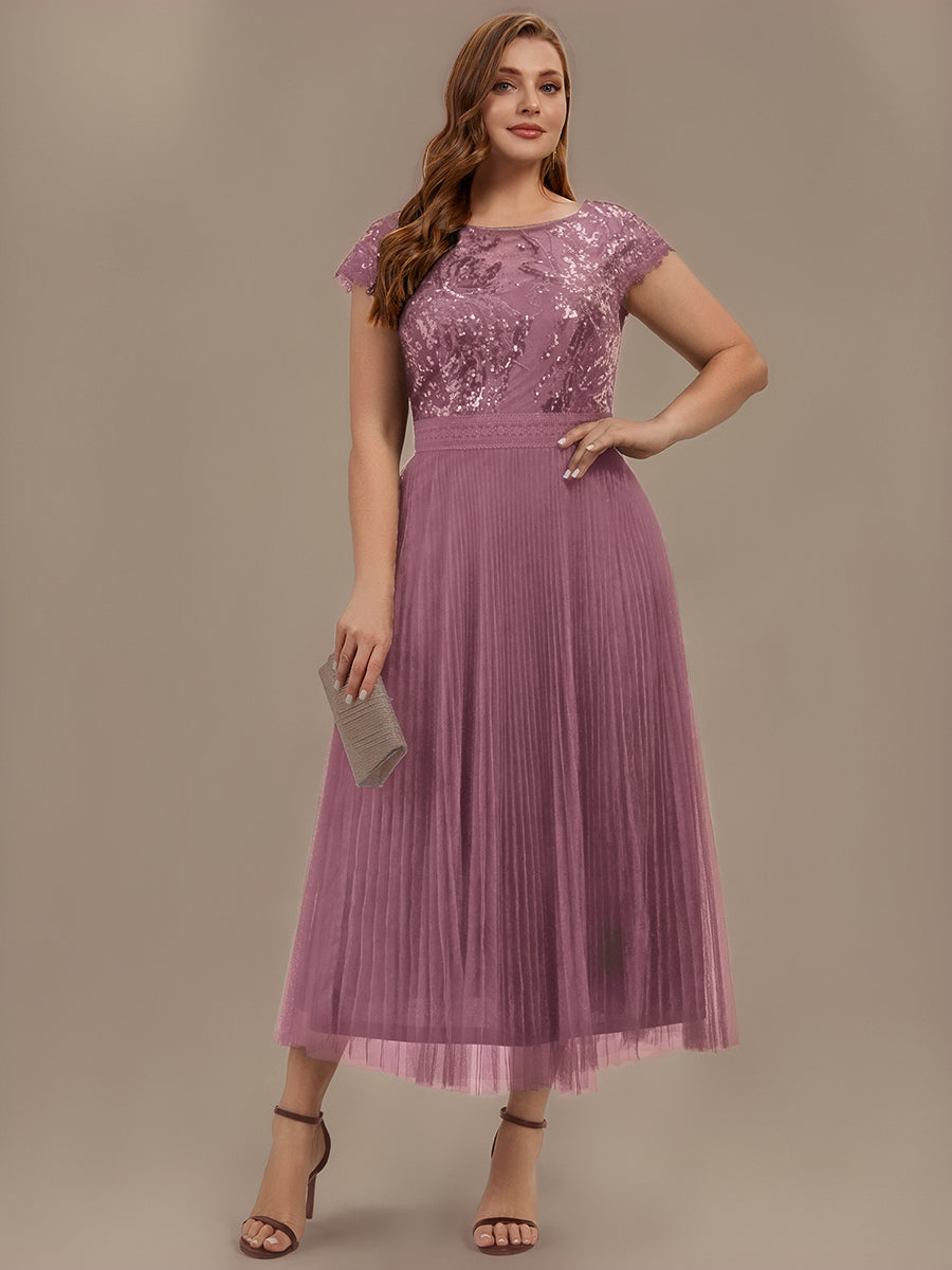 Tea L?nge Rundhals A Linie Pailletten Kleid Mit Sonnenstrahlen Falten Und Durchsichtigen Details Kleid #Farbe_Orchideenviolett