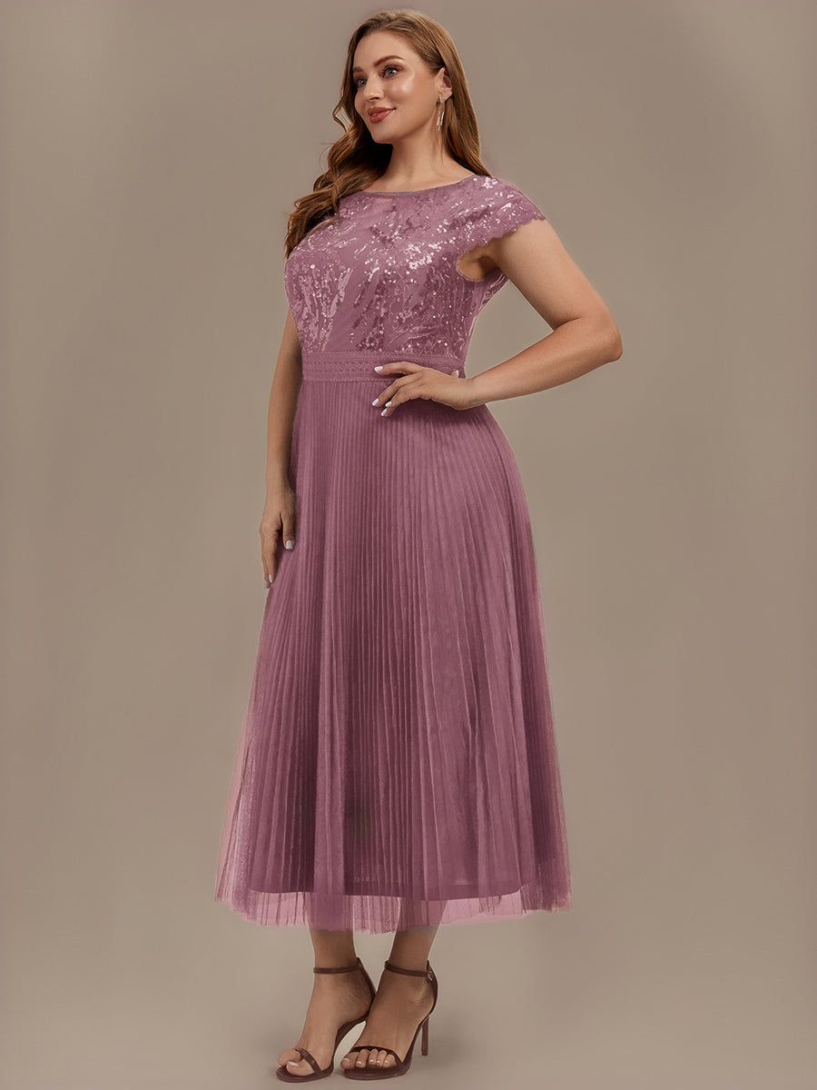 Tea L?nge Rundhals A Linie Pailletten Kleid Mit Sonnenstrahlen Falten Und Durchsichtigen Details Kleid #Farbe_Orchideenviolett
