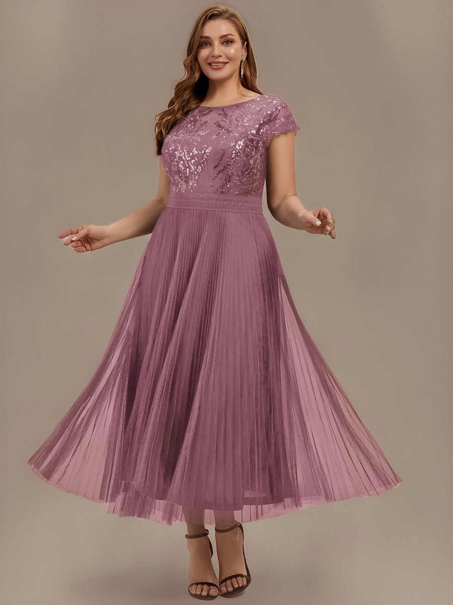 Tea L?nge Rundhals A Linie Pailletten Kleid Mit Sonnenstrahlen Falten Und Durchsichtigen Details Kleid #Farbe_Orchideenviolett
