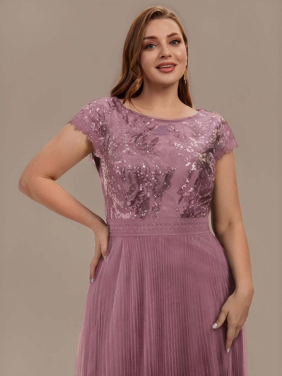Tea L?nge Rundhals A Linie Pailletten Kleid Mit Sonnenstrahlen Falten Und Durchsichtigen Details Kleid #Farbe_Orchideenviolett