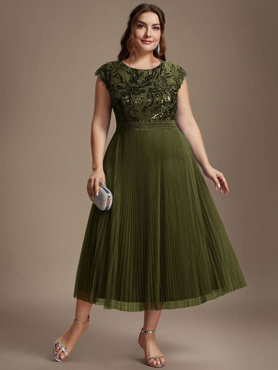 Tea L?nge Rundhals A Linie Pailletten Kleid Mit Sonnenstrahlen Falten Und Durchsichtigen Details Kleid #Farbe_Olivgrün