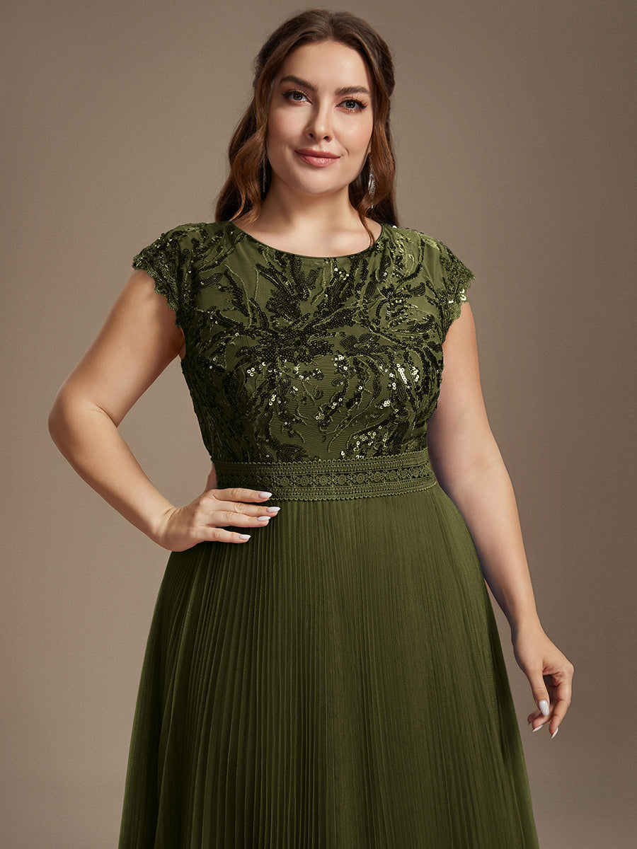 Tea L?nge Rundhals A Linie Pailletten Kleid Mit Sonnenstrahlen Falten Und Durchsichtigen Details Kleid #Farbe_Olivgrün