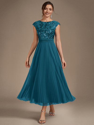 Tea L?nge Rundhals A Linie Pailletten Kleid Mit Sonnenstrahlen Falten Und Durchsichtigen Details Kleid #Farbe_Petrol