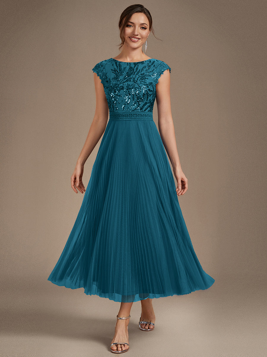 Tea L?nge Rundhals A Linie Pailletten Kleid Mit Sonnenstrahlen Falten Und Durchsichtigen Details Kleid #Farbe_Petrol