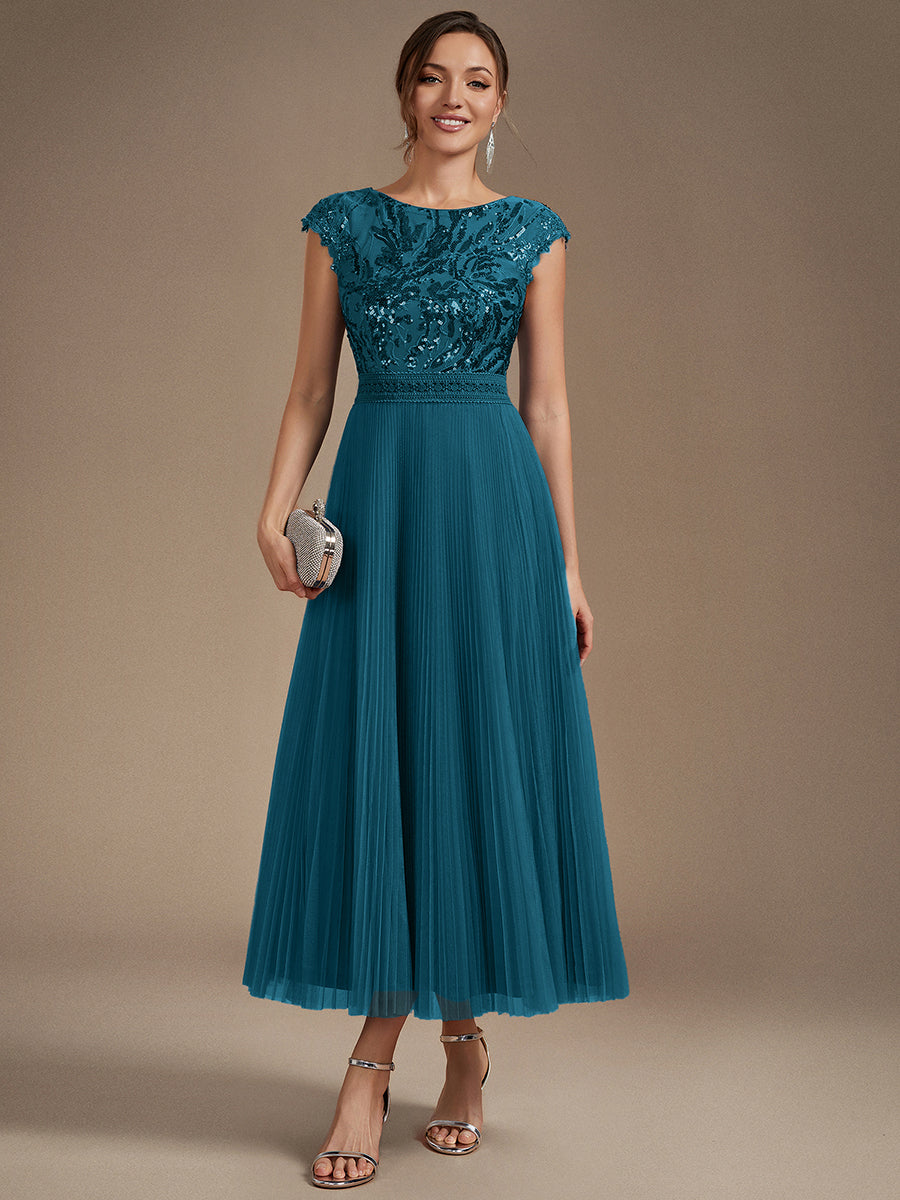 Tea L?nge Rundhals A Linie Pailletten Kleid Mit Sonnenstrahlen Falten Und Durchsichtigen Details Kleid #Farbe_Petrol