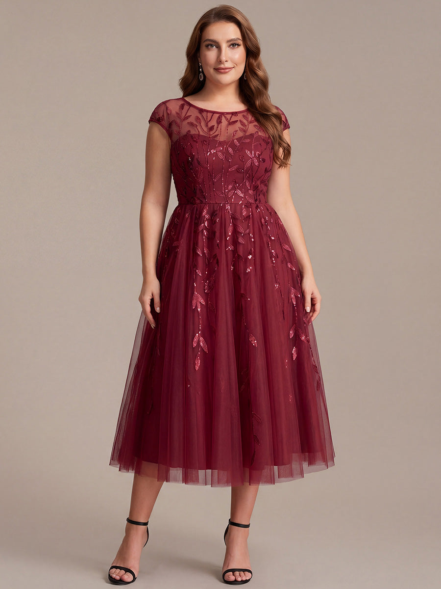 Tea L?nge A Linie Kleid Mit Rundhalsausschnitt Transparente Gestaltung Und Pailletten Kleid #Farbe_Burgunderrot