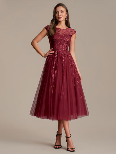 Tea L?nge A Linie Kleid Mit Rundhalsausschnitt Transparente Gestaltung Und Pailletten Kleid #Farbe_Burgunderrot