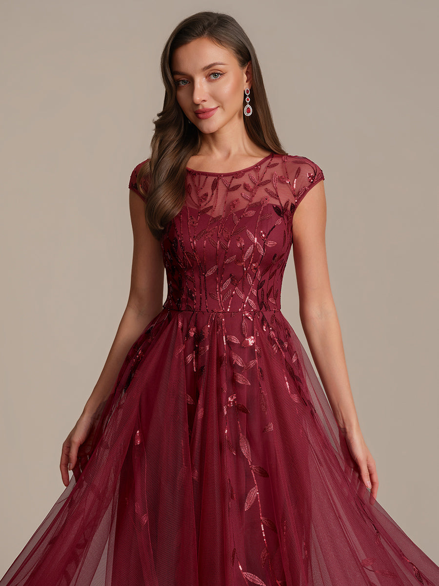 Tea L?nge A Linie Kleid Mit Rundhalsausschnitt Transparente Gestaltung Und Pailletten Kleid #Farbe_Burgunderrot