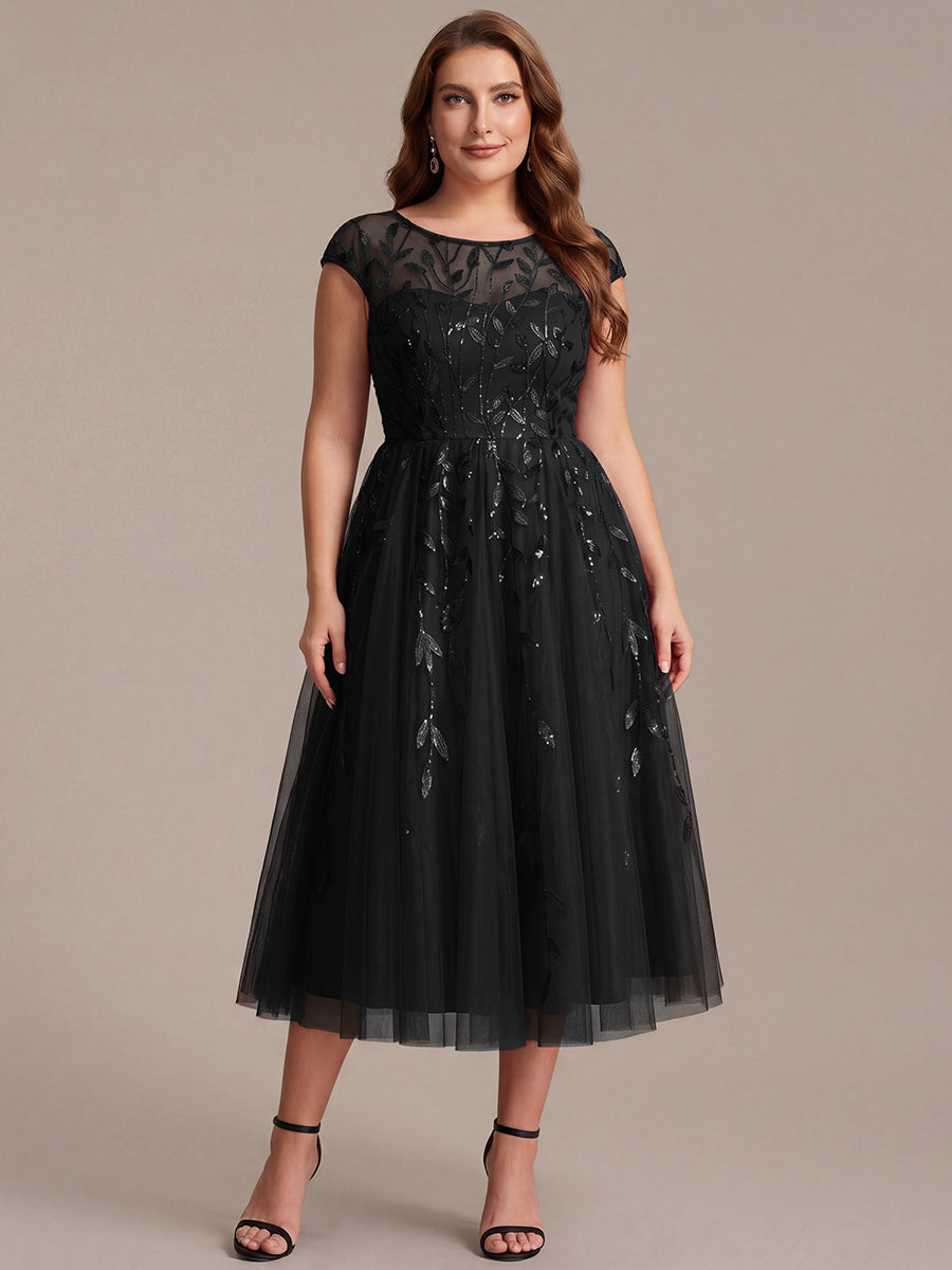 Tea L?nge A Linie Kleid Mit Rundhalsausschnitt Transparente Gestaltung Und Pailletten Kleid #Farbe_Schwarz