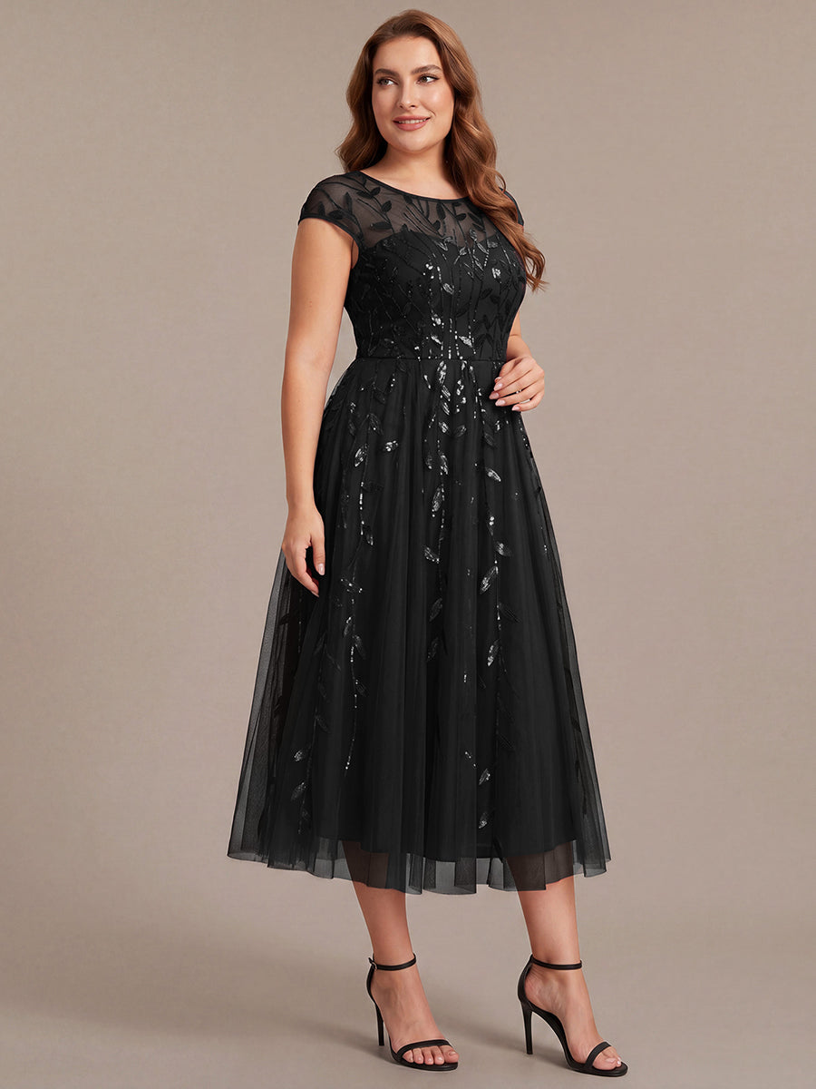 Tea L?nge A Linie Kleid Mit Rundhalsausschnitt Transparente Gestaltung Und Pailletten Kleid #Farbe_Schwarz