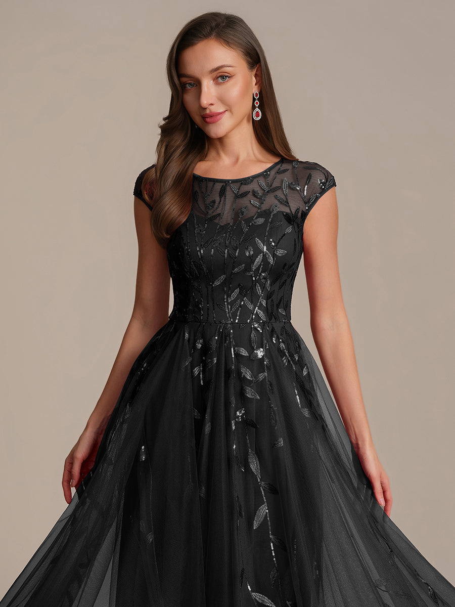 Tea L?nge A Linie Kleid Mit Rundhalsausschnitt Transparente Gestaltung Und Pailletten Kleid #Farbe_Schwarz