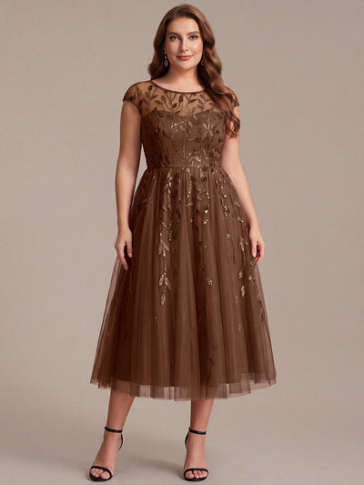 Tea L?nge A Linie Kleid Mit Rundhalsausschnitt Transparente Gestaltung Und Pailletten Kleid #Farbe_Braun