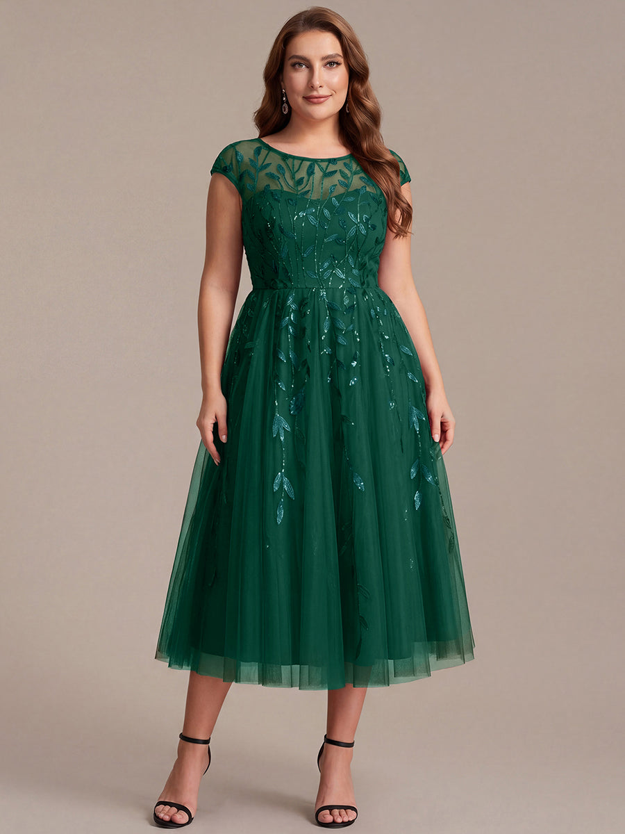 Tea L?nge A Linie Kleid Mit Rundhalsausschnitt Transparente Gestaltung Und Pailletten Kleid #Farbe_Vert Fonce