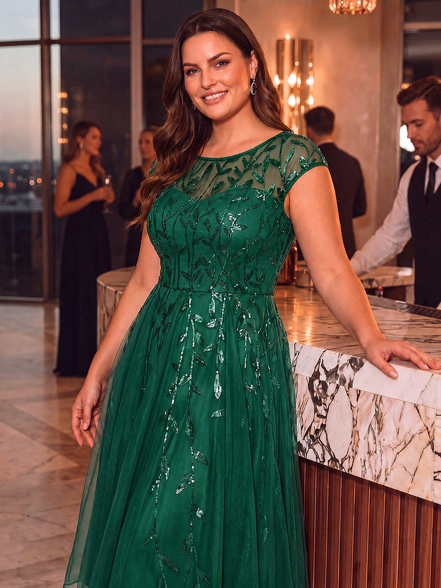 Tea L?nge A Linie Kleid Mit Rundhalsausschnitt Transparente Gestaltung Und Pailletten Kleid #Farbe_Vert Fonce
