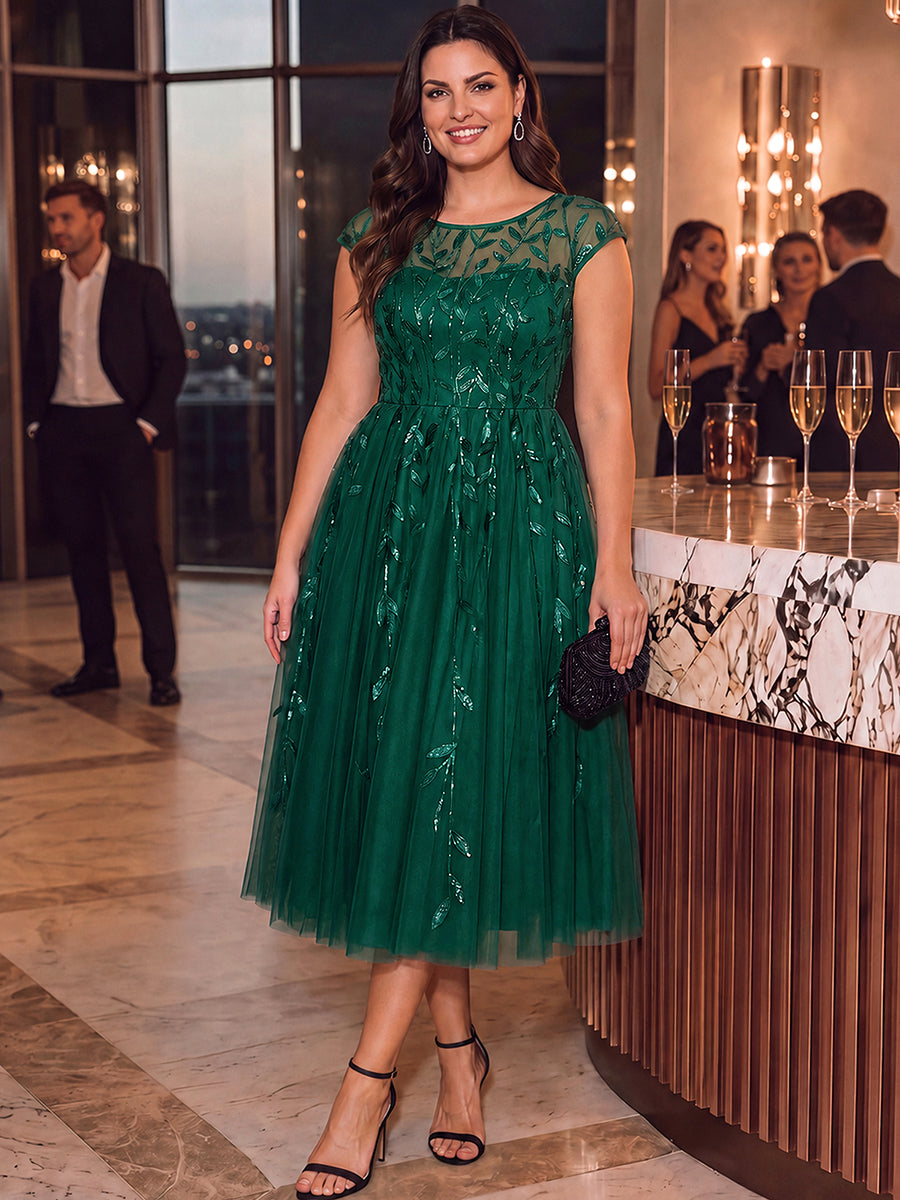 Tea L?nge A Linie Kleid Mit Rundhalsausschnitt Transparente Gestaltung Und Pailletten Kleid #Farbe_Vert Fonce