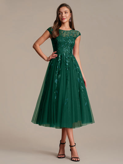 Tea L?nge A Linie Kleid Mit Rundhalsausschnitt Transparente Gestaltung Und Pailletten Kleid #Farbe_Dunkelgrün