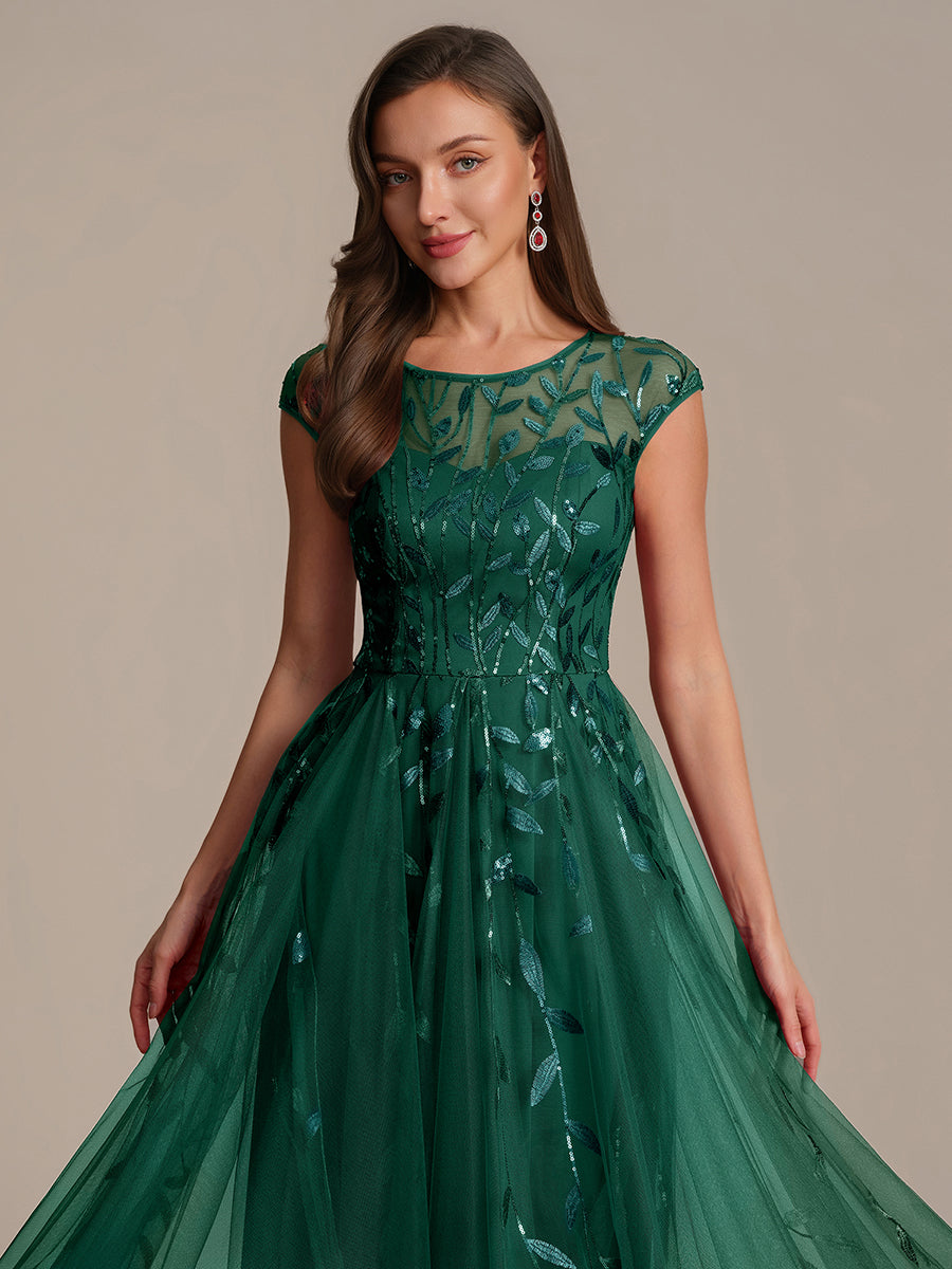 Tea L?nge A Linie Kleid Mit Rundhalsausschnitt Transparente Gestaltung Und Pailletten Kleid #Farbe_Vert Fonce