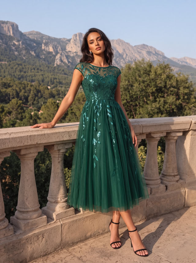 Tea L?nge A Linie Kleid Mit Rundhalsausschnitt Transparente Gestaltung Und Pailletten Kleid #Farbe_Vert Fonce