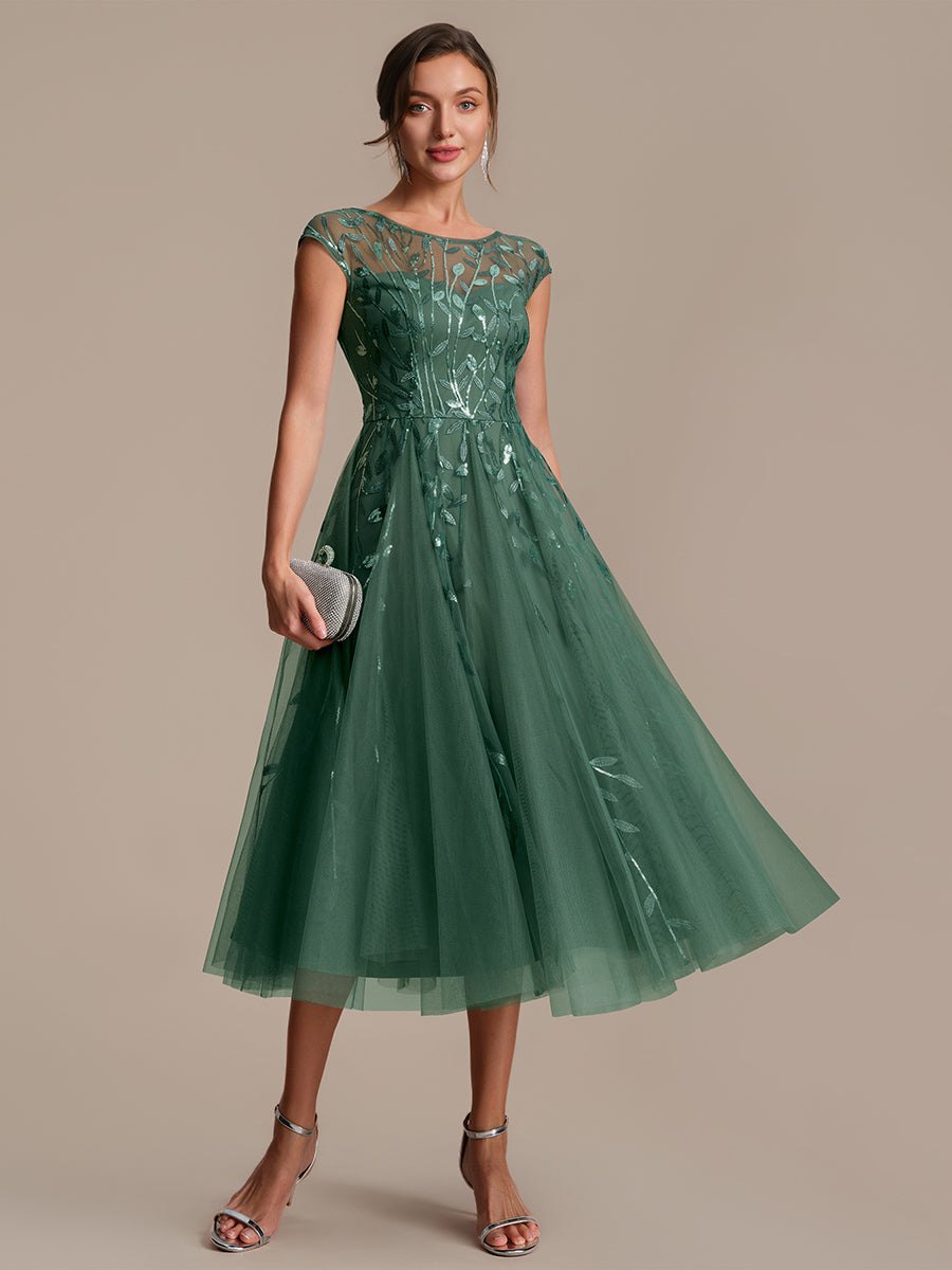 Tea L?nge A Linie Kleid Mit Rundhalsausschnitt Transparente Gestaltung Und Pailletten Kleid #Farbe_Eukalyptus