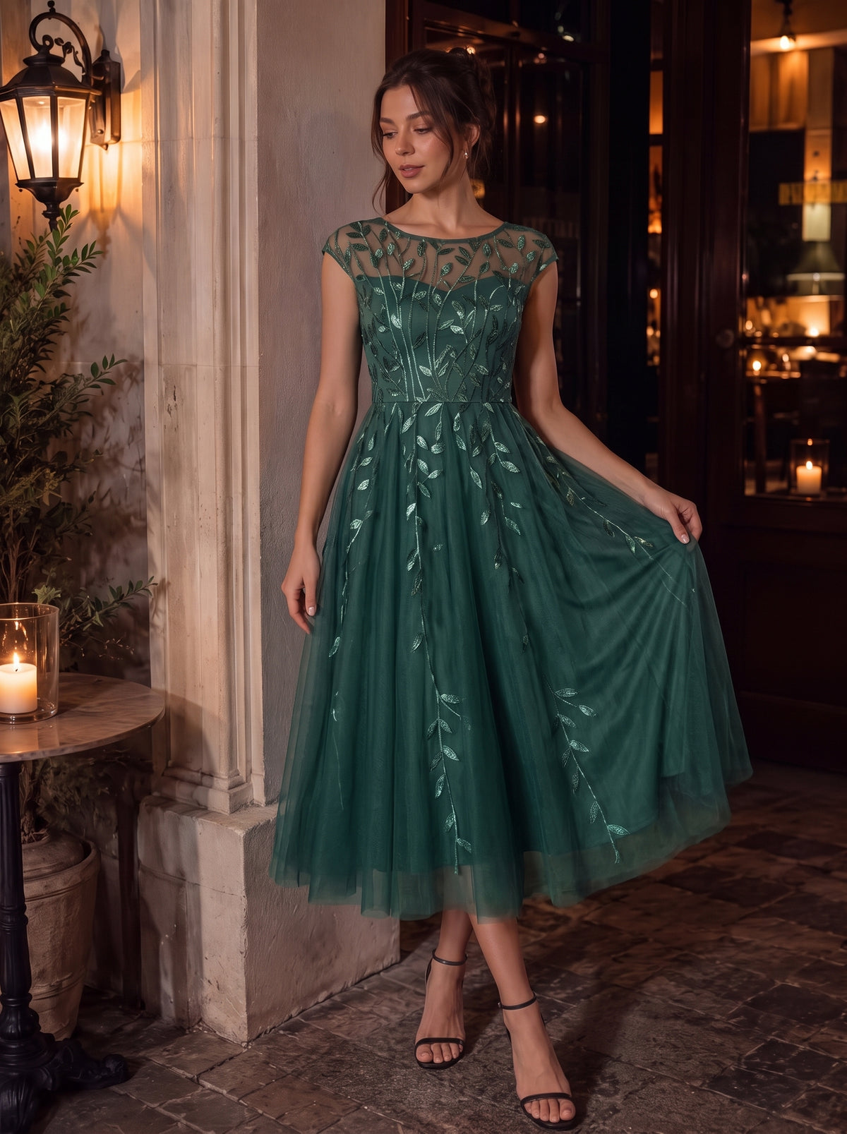 Tea L?nge A Linie Kleid Mit Rundhalsausschnitt Transparente Gestaltung Und Pailletten Kleid #Farbe_Eukalyptus