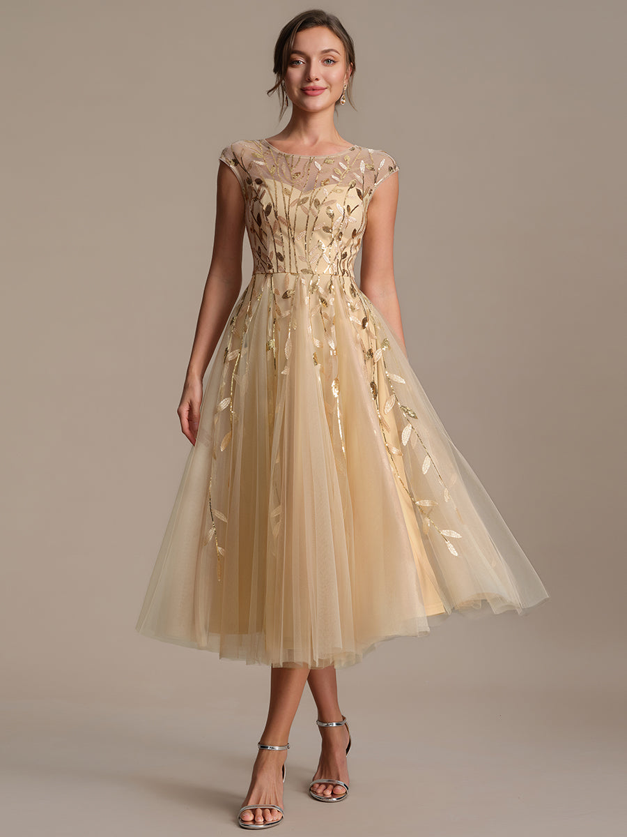 Tea L?nge A Linie Kleid Mit Rundhalsausschnitt Transparente Gestaltung Und Pailletten Kleid #Farbe_Gold
