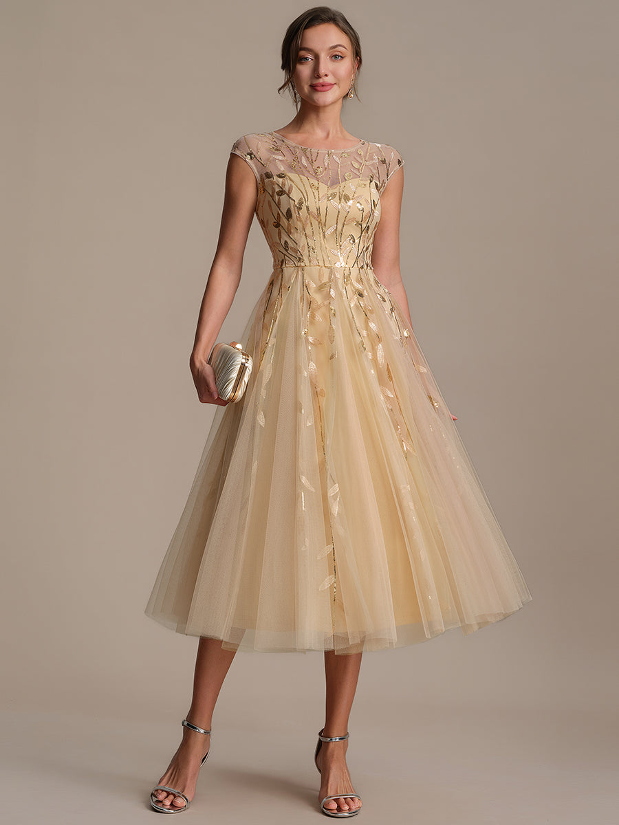 Tea L?nge A Linie Kleid Mit Rundhalsausschnitt Transparente Gestaltung Und Pailletten Kleid #Farbe_Gold