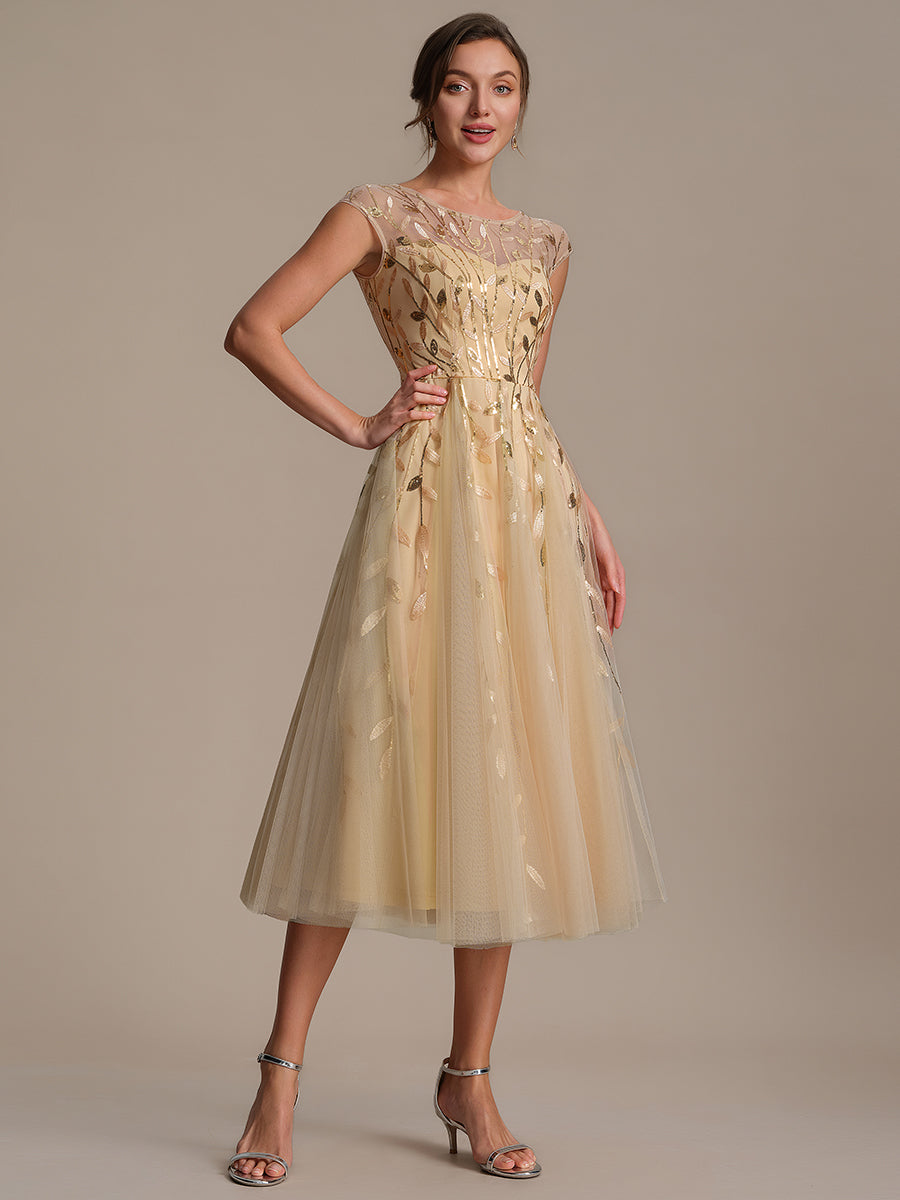 Tea L?nge A Linie Kleid Mit Rundhalsausschnitt Transparente Gestaltung Und Pailletten Kleid #Farbe_Gold