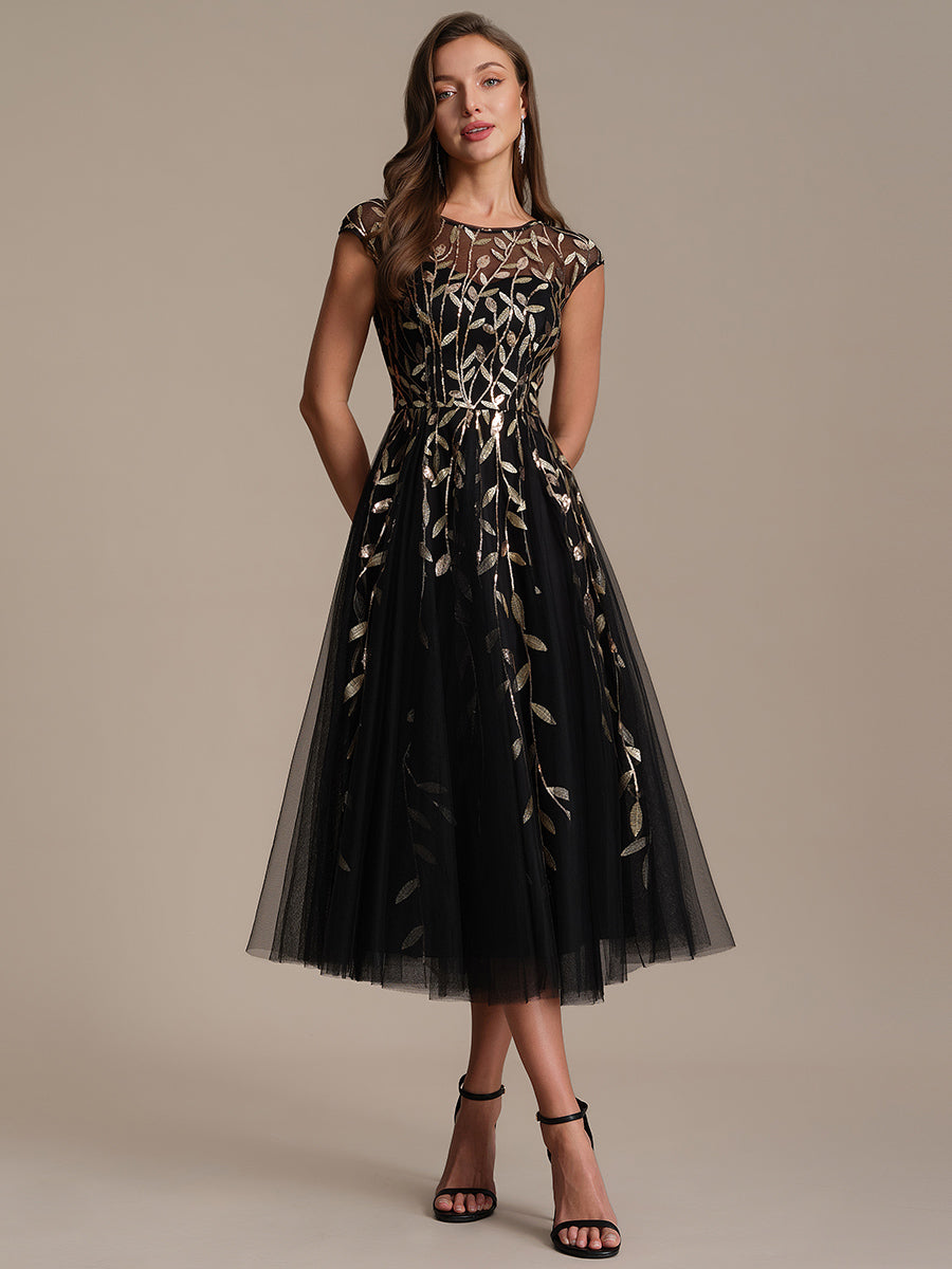 Tea L?nge A Linie Kleid Mit Rundhalsausschnitt Transparente Gestaltung Und Pailletten Kleid #Farbe_Schwarz & Gold
