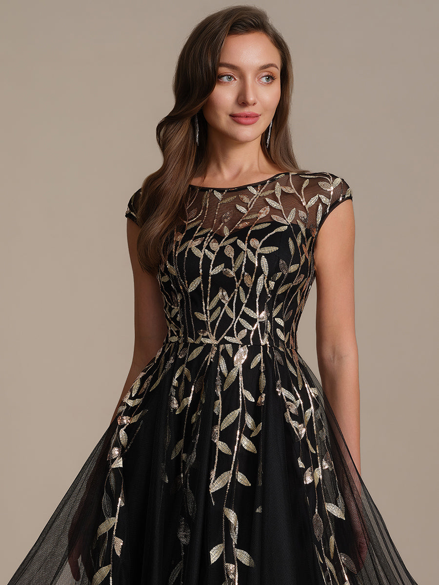 Tea L?nge A Linie Kleid Mit Rundhalsausschnitt Transparente Gestaltung Und Pailletten Kleid #Farbe_Schwarz & Gold