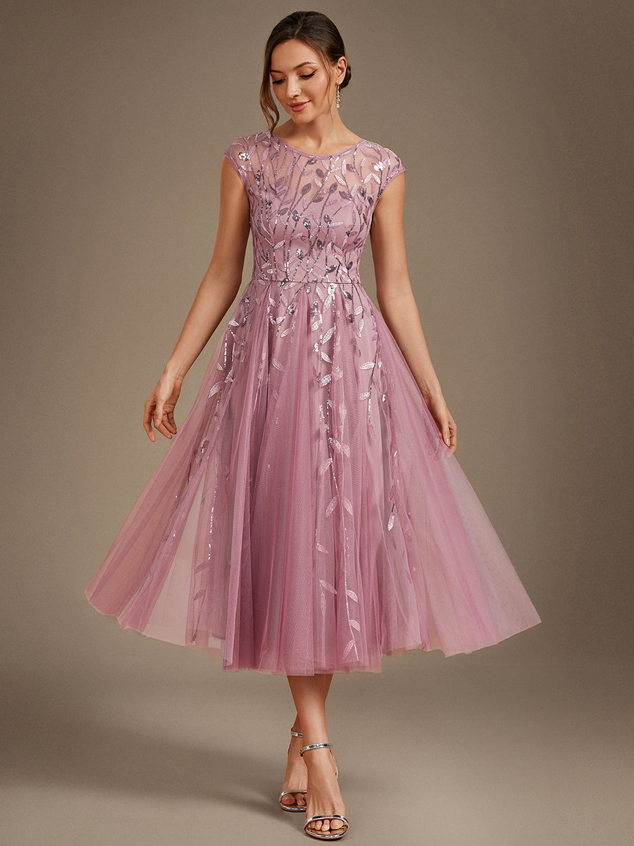 Tea L?nge A Linie Kleid Mit Rundhalsausschnitt Transparente Gestaltung Und Pailletten Kleid #Farbe_Orchideenviolett
