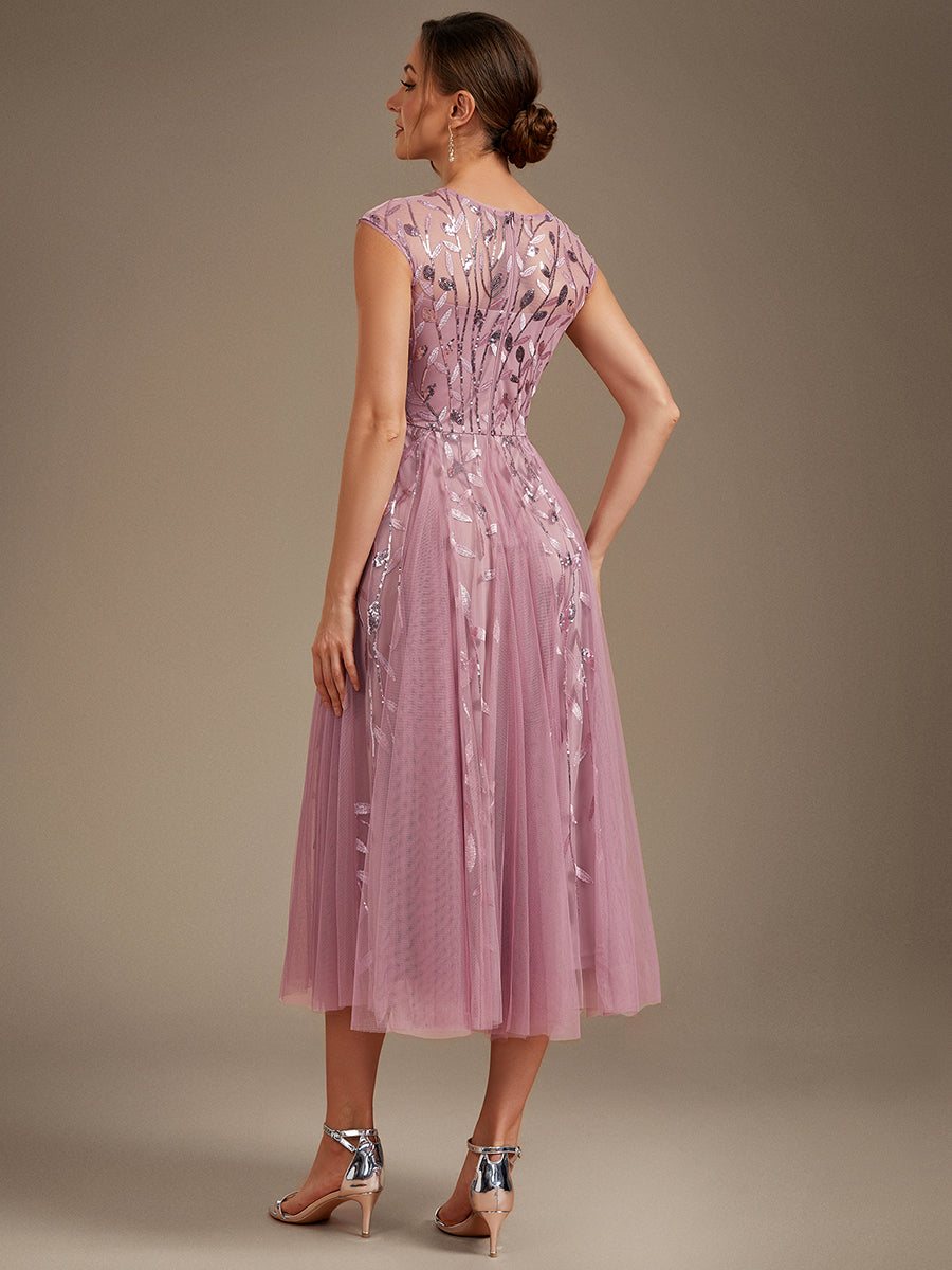 Tea L?nge A Linie Kleid Mit Rundhalsausschnitt Transparente Gestaltung Und Pailletten Kleid #Farbe_Orchideenviolett