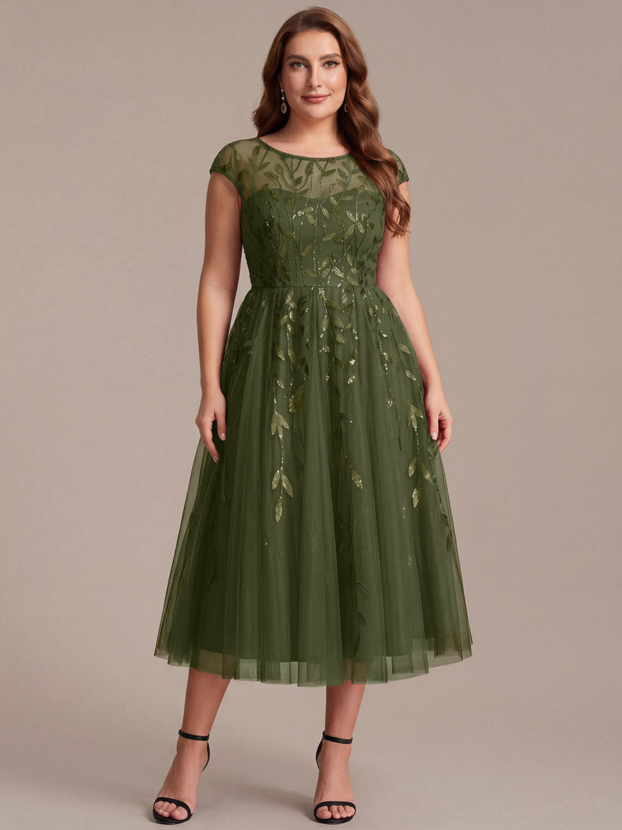 Tea L?nge A Linie Kleid Mit Rundhalsausschnitt Transparente Gestaltung Und Pailletten Kleid #Farbe_Olivgrün