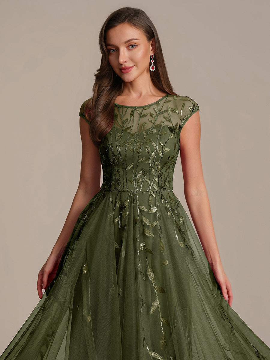 Tea L?nge A Linie Kleid Mit Rundhalsausschnitt Transparente Gestaltung Und Pailletten Kleid #Farbe_Olivgrün