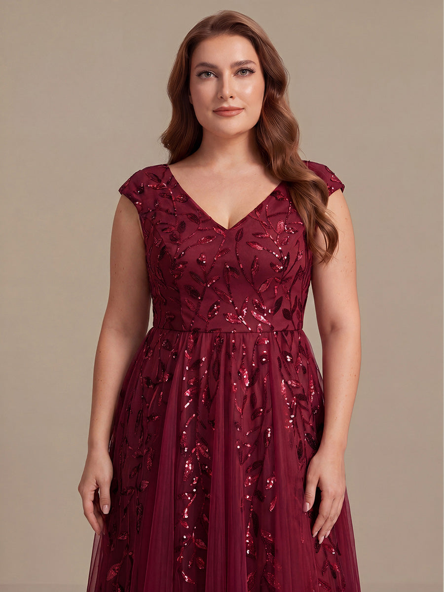 Midi Pailletten A-Linie Kleid Mit V-Ausschnitt Und Patchwork Details #Farbe_Burgunderrot