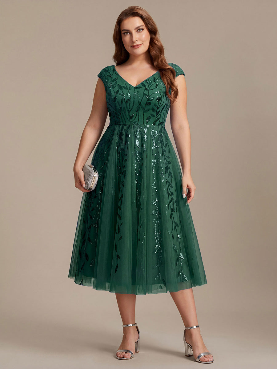 Midi Pailletten A-Linie Kleid Mit V-Ausschnitt Und Patchwork Details #Farbe_Dunkelgrün