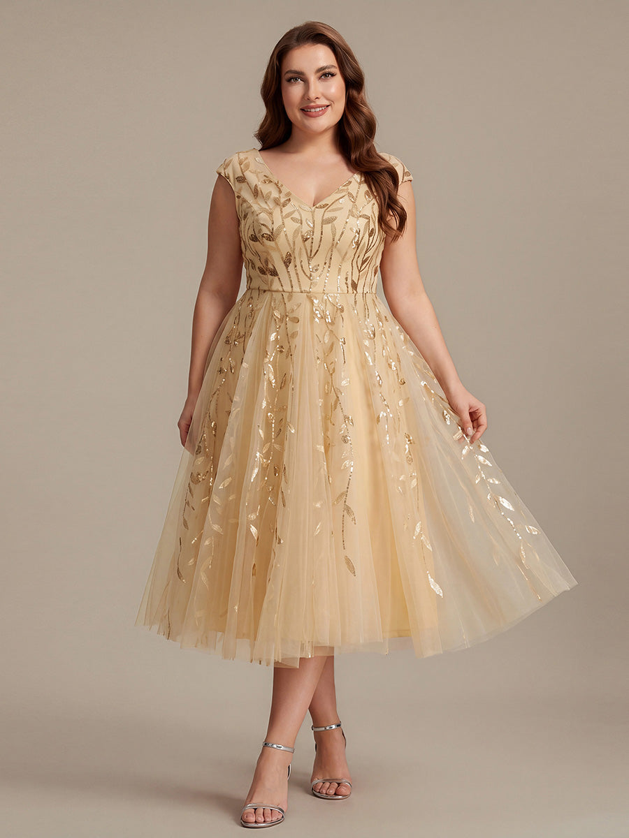 Midi Pailletten A-Linie Kleid Mit V-Ausschnitt Und Patchwork Details #Farbe_Gold