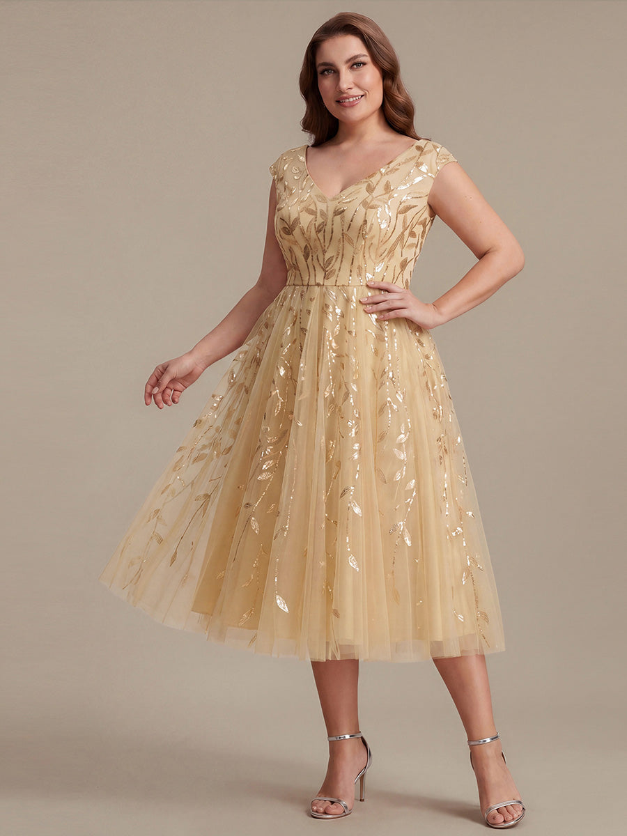 Midi Pailletten A-Linie Kleid Mit V-Ausschnitt Und Patchwork Details #Farbe_Gold