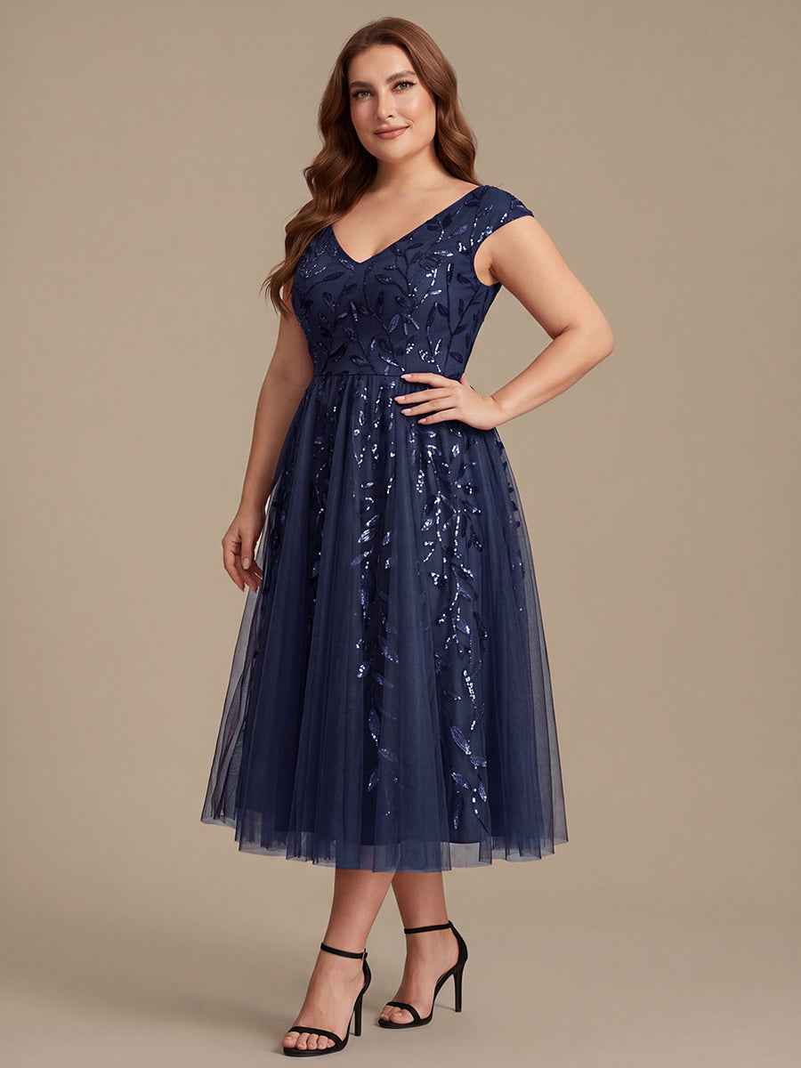 Midi Pailletten A-Linie Kleid Mit V-Ausschnitt Und Patchwork Details #Farbe_Marineblau