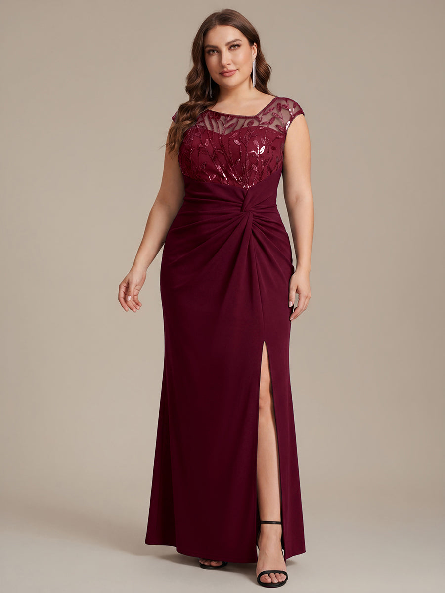 Maxi Asymmetrisches Bodycon Krepp Kleid Mit Oberschenkel Hohem Schlitz Und Pailletten Details Kleid #Farbe_Burgunderrot
