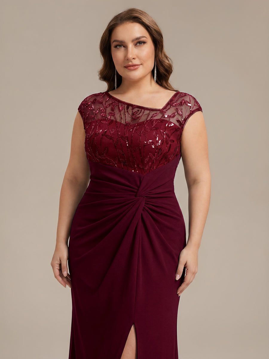 Maxi Asymmetrisches Bodycon Krepp Kleid Mit Oberschenkel Hohem Schlitz Und Pailletten Details Kleid #Farbe_Burgunderrot