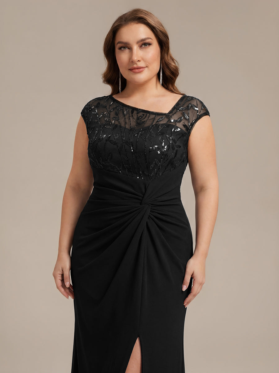 Maxi Asymmetrisches Bodycon Krepp Kleid Mit Oberschenkel Hohem Schlitz Und Pailletten Details Kleid #Farbe_Schwarz