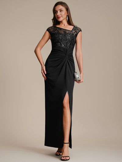 Maxi Asymmetrisches Bodycon Krepp Kleid Mit Oberschenkel Hohem Schlitz Und Pailletten Details Kleid #Farbe_Schwarz