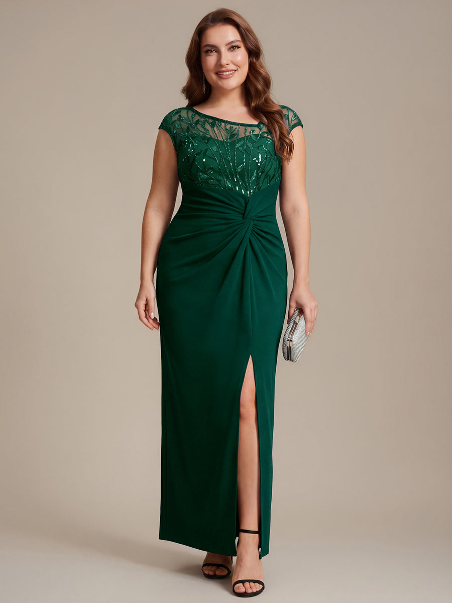 Maxi Asymmetrisches Bodycon Krepp Kleid Mit Oberschenkel Hohem Schlitz Und Pailletten Details Kleid #Farbe_Dunkelgrün