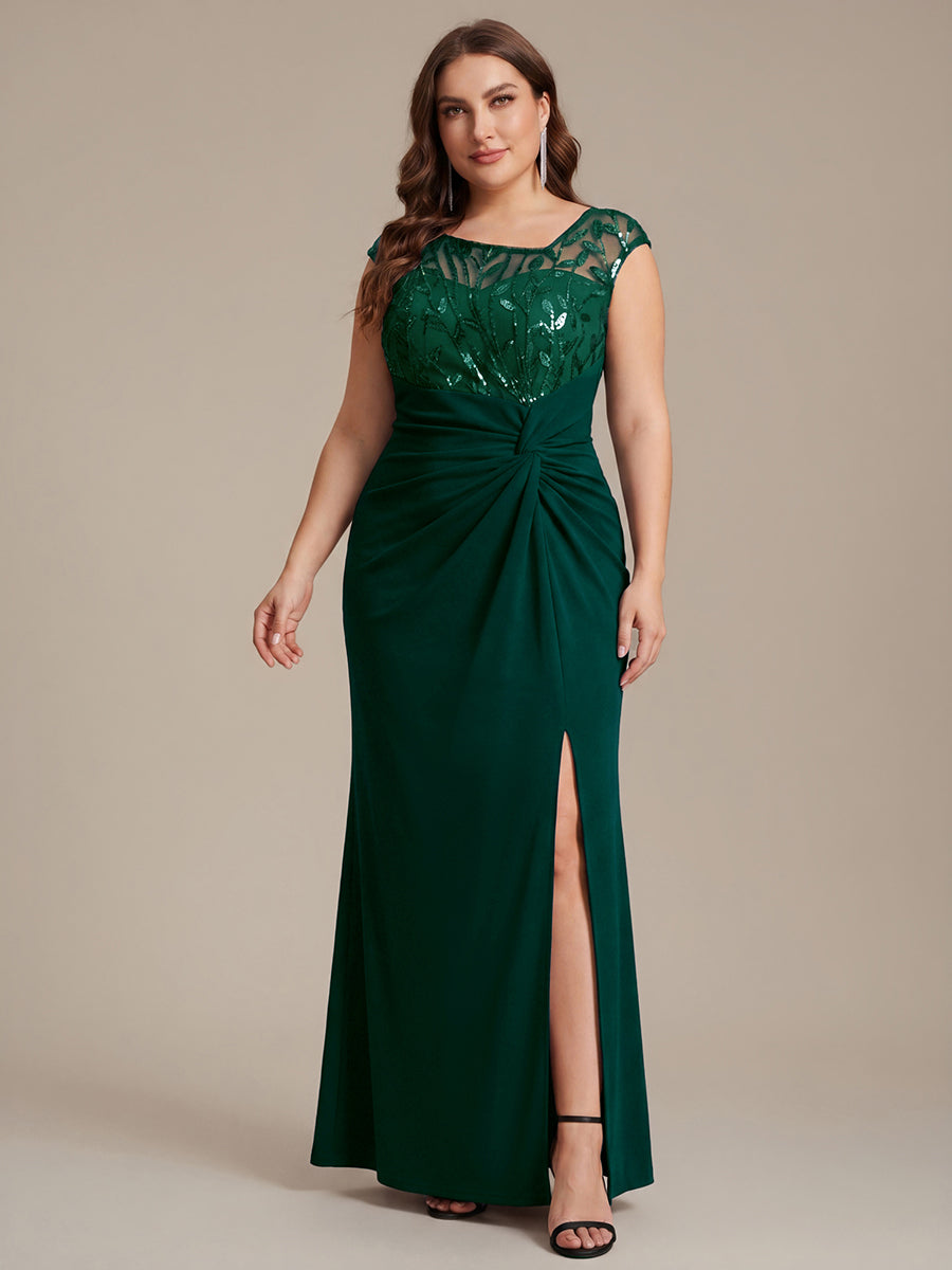 Maxi Asymmetrisches Bodycon Krepp Kleid Mit Oberschenkel Hohem Schlitz Und Pailletten Details Kleid #Farbe_Dunkelgrün