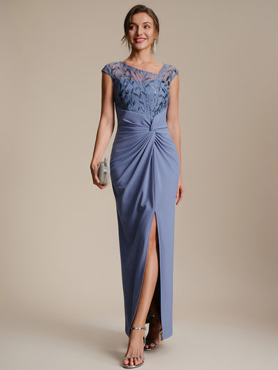 Maxi Asymmetrisches Bodycon Krepp Kleid Mit Oberschenkel Hohem Schlitz Und Pailletten Details Kleid #Farbe_Taubenblau