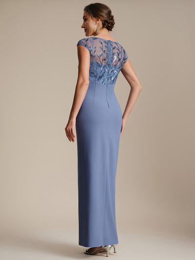 Maxi Asymmetrisches Bodycon Krepp Kleid Mit Oberschenkel Hohem Schlitz Und Pailletten Details Kleid #Farbe_Taubenblau