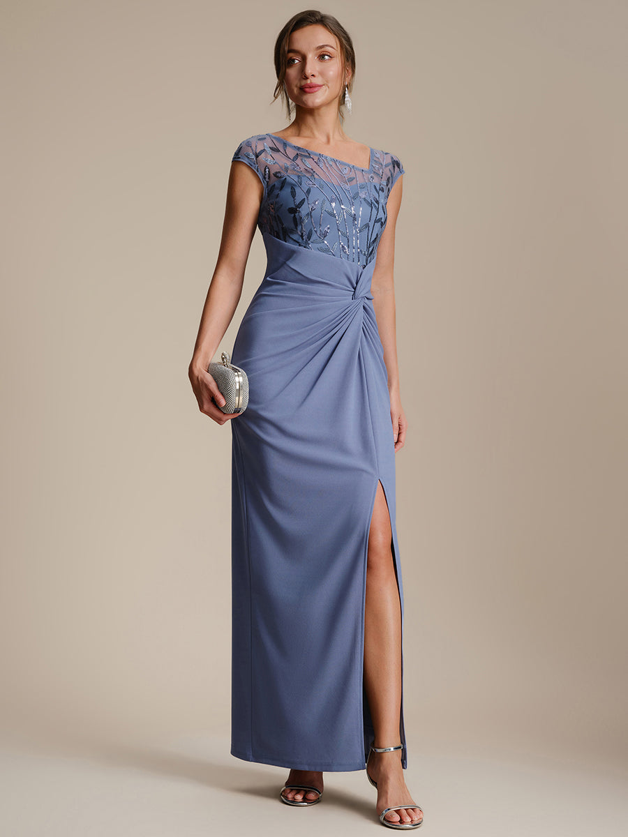 Maxi Asymmetrisches Bodycon Krepp Kleid Mit Oberschenkel Hohem Schlitz Und Pailletten Details Kleid #Farbe_Taubenblau