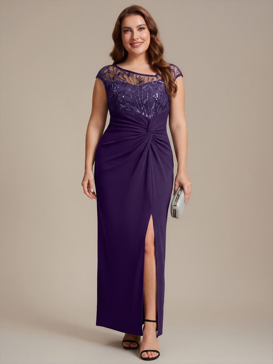 Maxi Asymmetrisches Bodycon Krepp Kleid Mit Oberschenkel Hohem Schlitz Und Pailletten Details Kleid #Farbe_Dunkelviolett